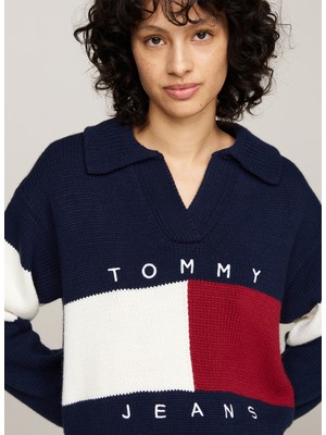 Tommy Jeans Gömlek Yaka Standart Çizgili Lacivert Kazak Kadın Tjw Rwb Flag Rugby Sweater Ext