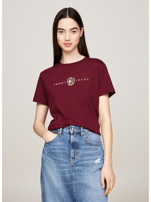 Tommy Jeans Yuvarlak Yaka Nakışlı Bordo Kadın T-Shirt Tjw Reg Crest Lınear Tee Ext