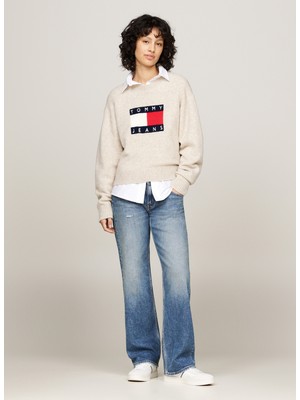 Tommy Jeans Yuvarlak Yaka Standart Nakışlı Bej Kazak Kadın Tjw Melange Flag Sweater Ext