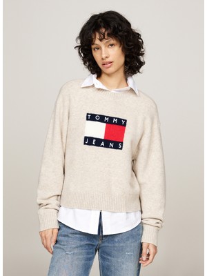 Tommy Jeans Yuvarlak Yaka Standart Nakışlı Bej Kazak Kadın Tjw Melange Flag Sweater Ext