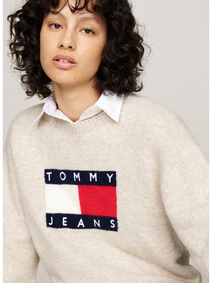 Tommy Jeans Yuvarlak Yaka Standart Nakışlı Bej Kazak Kadın Tjw Melange Flag Sweater Ext