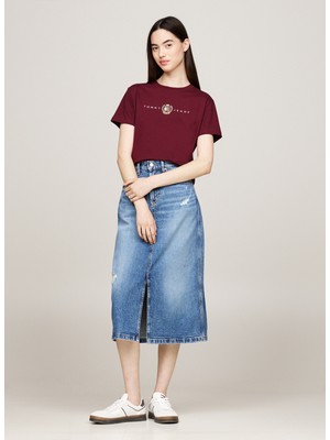 Tommy Jeans Yuvarlak Yaka Nakışlı Bordo Kadın T-Shirt Tjw Reg Crest Lınear Tee Ext