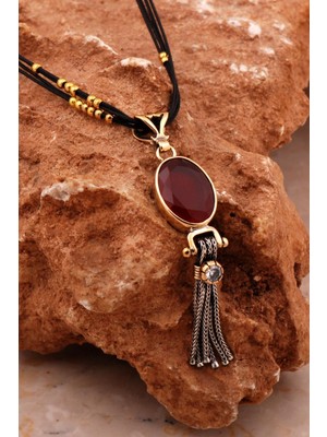 Mediterian Bordo renkli el işi gümüş kolye, şık ve benzersiz tasarım, doğal taş detaylı