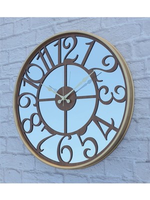 Woodhub Altın (Gold) Renk Metal Kasalı Aynalı Ceviz( Kahverengi) Renkli Duvar Saati Çap 50  cm