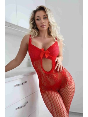 Özel Bölgesi Açık File Vücut Çorabı Kırmızı