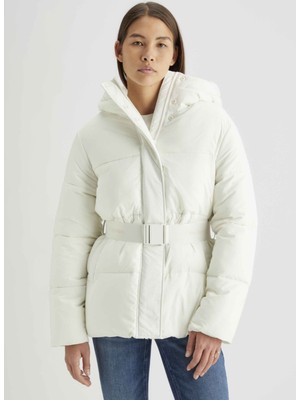 Calvin Klein Jeans Beyaz Kadın Şişme Mont Logo Belt Short Puffer