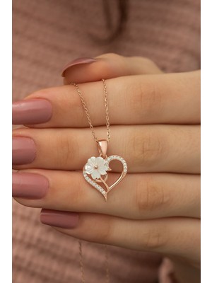Mediterian 925 Ayar Gümüş Kalpli Manolya Çiçeği Kadın Kolye, Rose Gold Detaylı, Zirkon Taşlı