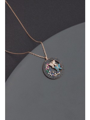 Mediterian 925 Ayar Gümüş Siyah Kelebek Yuvası Kolye, Rose Kaplama, Zarif ve Şık Tasarım