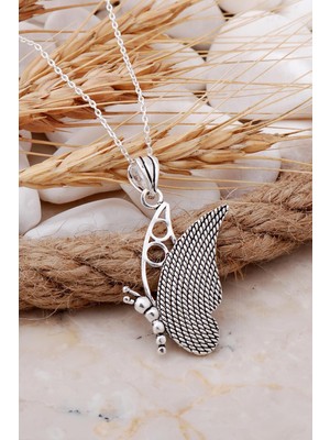 Mediterian El İşçiliği Gümüş Kelebek Kolye, Zarif ve Şık Takı, Doğal Taş, Ayar: 925