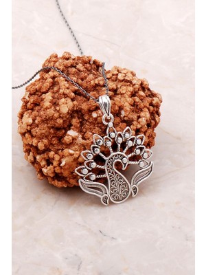 Mediterian El İşlemli Telkari Kuş Figürlü Gümüş Kolye, Zarif ve Şık Takı, 925 Ayar, Doğal Taş