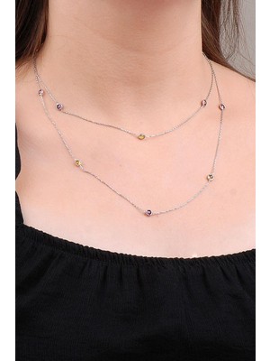 Mediterian Renkli 90 cm Doğal Taşlı Gümüş Kolye, 925 Ayar, Bej Tonu