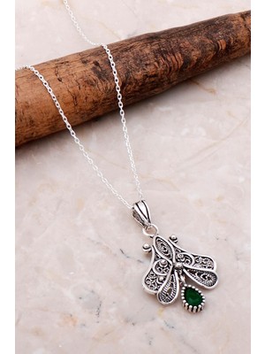 Mediterian El İşlemeli Gümüş Zümrüt Kolye, Zarif ve Şık Takı, 925 Ayar, Doğal Taş, Yeşil