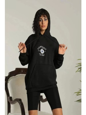 Unisex Kapüşonlu Üç Iplik Oversize Baskılı Sweatshirt - Siyah