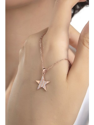 Mediterian 925 Ayar Gümüş Pembe Zirkon Yıldız Kolye, Kadınlara Özel Takı, Şık ve Zarif Tasarım