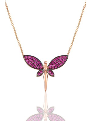 Mediterian 925 ayar gümüş zarif yusufçuk kolye, pembe doğal taşlı şık tasarım