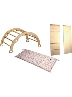 Woodhub Pikler Tırmanma Seti | montessori Ahşap Kemer ve Yastık | Kemer & Merdiven Rampa & Flamingo Yastık