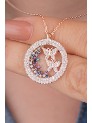 Mediterian 925 Ayar Gümüş Pembe Taşlı Kelebek Yüzük ve Kolye Rose Kaplama