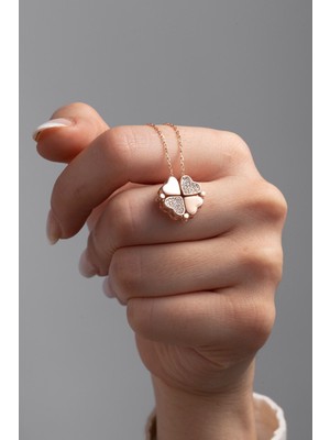 Mediterian 925 Ayar Gümüş Yonca Kolye, Pembe, 4 Yapraklı, Zarif ve Şık Tasarım