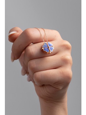 Mediterian 925 Ayar Gümüş Mavi 4 Yapraklı Yonca Açılır Kapanır Mıknatıslı Takı