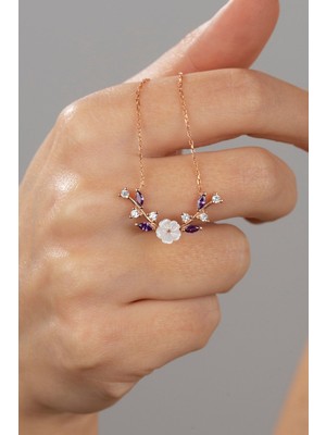 Mediterian 925 Ayar Gümüş Zeytin Dalı ve Manolya Çiçeği Kolye, Pembe, Zirkon Taşlı