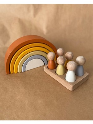 Woodhub Waldorf 6 Parçalı Gökkuşağı 6 Lı Peg Bebek Tabla Seti Pastel Renk Eşleştirme Kahve- Sarı Renk