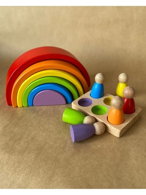 Woodhub Waldorf 6 Parçalı Gökkuşağı  6 Lı Peg Bebek Tabla Seti Pastel Renk Eşleştirme