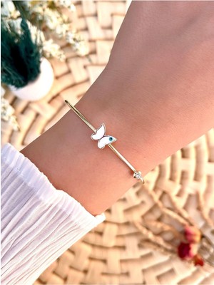 Mediterian Beyaz Altın Kelebek Bileklik, Zarif ve Şık Takı, Pirinç Materyal, Altın Renk