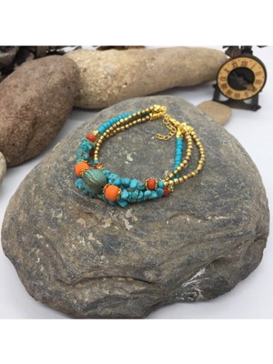 Mediterian El yapımı mavi doğal taş etnik bileklik, şık ve benzersiz takı tasarımı