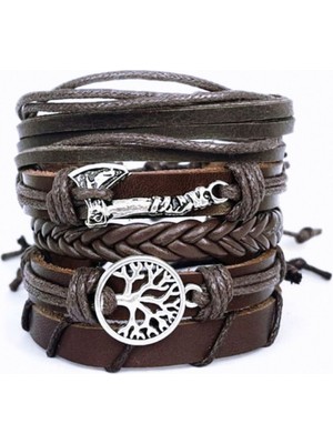 Mediterian 5'li kahverengi hakiki deri bileklik, balta ve hayat ağacı detaylarıyla şık tasarım