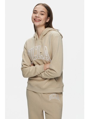 Rıley Koyu Bej Kapüşonlu Nakışlı Standard Fit Kadın Sweatshirt