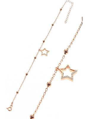 Mediterian Parlak Gümüş Yıldız ve Zincir Bileklik, Doğal Taş, Pembe, Zarif ve Şık Tasarım