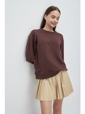 UCLA Sunniva Kahve Bisiklet Yaka Nakışlı Loose Fit Kadın Sweatshirt