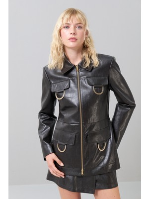 Gold Metal Aksesuarlı Önü Fermuarlı Ceket Kahve K2516042_005