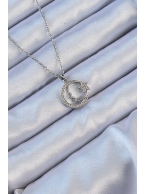 Callerrons Accessories 316L Çelik Zincir Gümüş Renk Zirkon Taşlı Ay Yıldız Simgeli Atatürk Kolye - EBJ240912W27876