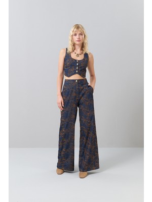 Işlemeli Geniş Paça Denim Pantolon Lacivert K2512060_015