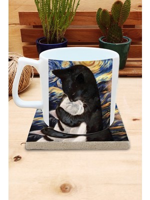 Harikapoli Kediler ve Sanat/van Gogh Yıldızlı Gece The Starry Night Set 10 - Yelken Fincan Kupa-Taş Bardak Altlığı 4