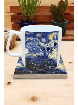 Harikapoli Kediler ve Sanat/van Gogh Yıldızlı Gece The Starry Night Set 10 - Yelken Fincan Kupa-Taş Bardak Altlığı 7
