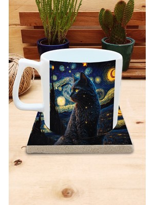 Harikapoli Kediler ve Sanat/van Gogh Yıldızlı Gece The Starry Night Set 10 - Yelken Fincan Kupa-Taş Bardak Altlığı 8