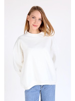 Ekru Bisiklet Yaka Oversize Kadın Sweatshirt 9152M