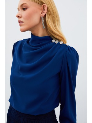 Sateen Düğmeleri Taş Detaylı Bluz - Lacivert