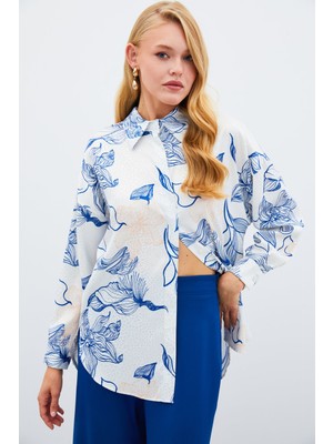 Renkli Desenli Salaş Gömlek - Sax Mavi