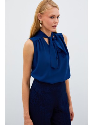 Sateen Fularlı Kolsuz Bluz - Lacivert