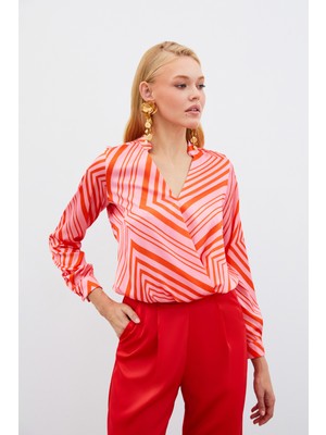 Sateen Kruvaze Desenli Bluz - Fuşya