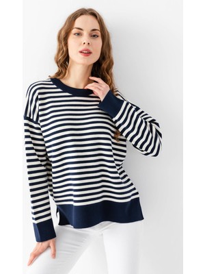 Irmak Kerekli Çizgili Oversize Triko Kazak 6336