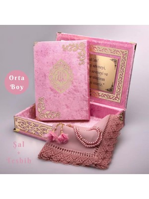 Hayrat Neşriyat Şal + Tesbih + Kuran Hediye Seti (Orta Boy, Şemslafzatullah, Gold Pleksi, Raşel Kutu, Bebe Pembe)
