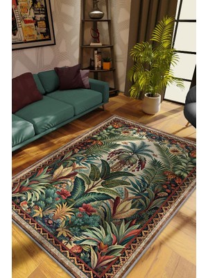Homshtag Art Deco Botanik Orman Vintage Halı Görünümlü Dijital Baskı Yeşil Renk Rustik Çiçekli Halı