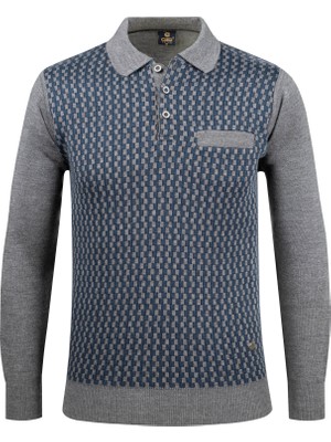 Çizgi Triko Erkek Polo Yaka Triko Kazak Desenli Kol ve Bel Lastikli Çelik Örgü Klasik Kalıp - 5006F