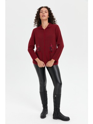 Desen Triko Kadın Polo Yaka Işlemeli Kısa Yün Hırka V.kırmızı