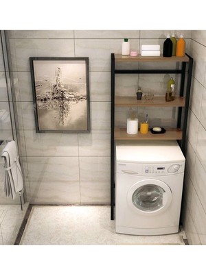 Kapaksız Çamaşır Makinesi Üstü Düzenleyici Raf Banyo Dolabı Rafı Makine Üstü Ceviz 3 Raflı Banyo Dü