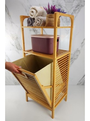 Modern Bambu Kirli Sepetli 2 Raflı Çok Amaçlı Banyo Düzenleyici Çamaşır Sepeti Organizer DB-0001 Ka